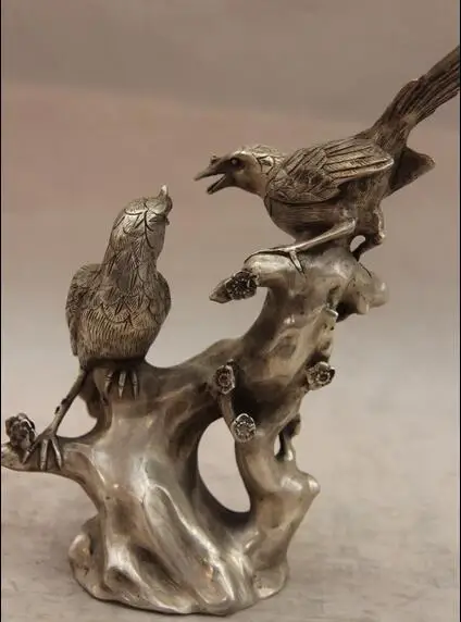 

China White Copper Silver Lucky Bird 2 Magpie Plum blossom Flower Art Statue