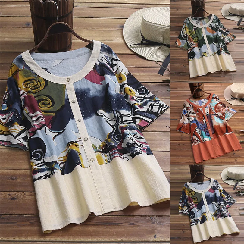 New Women Fashion Summer Vintage O-Neck Art Printing Casual Daily Half Sleeve Button Cotton Top  Blouse Tops #4A25 (1)