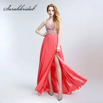 

Spaghetti Strap Evening Dresses See Through Long Sexy See Through Prom Gowns High Slit Luxury Beading Crystal vestidos de noche