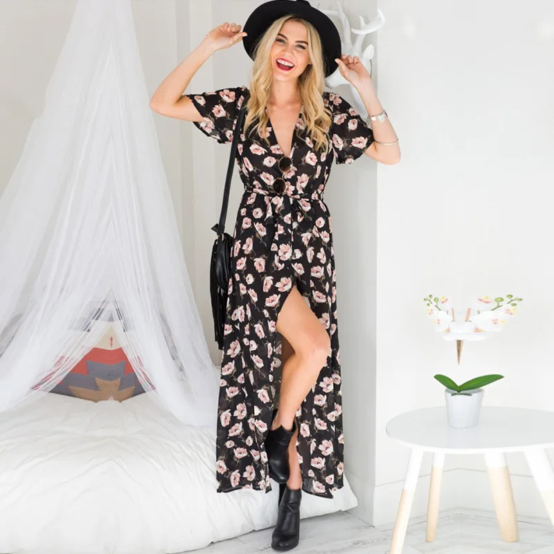 

2018 Summer Dresses Women Chiffon Wrap Dresses Bohemian Beach Long Dress Boho Maxi Vestidos Floral V Neck Split Robe Longue