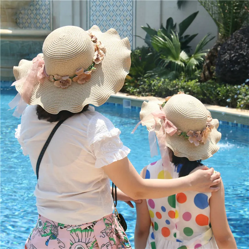 

Mother and Daughter Summer Women Girls Straw Hats Flower Girls Beach Caps Family Matching Outfits Summer Sun Hats H0808