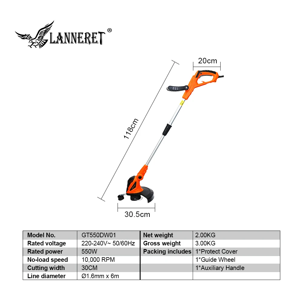 LANNERET 550W AC Electric Grass Trimmer Hand Cleaner Grass Cutter Machine Line Trimmer Ajustable Shaft Rotation Tube Garden Tool LANNERET 550W AC Electric Grass Trimmer Hand Cleaner Grass Cutter Machine Line Trimmer Ajustable Shaft Rotation Tube Garden Tool