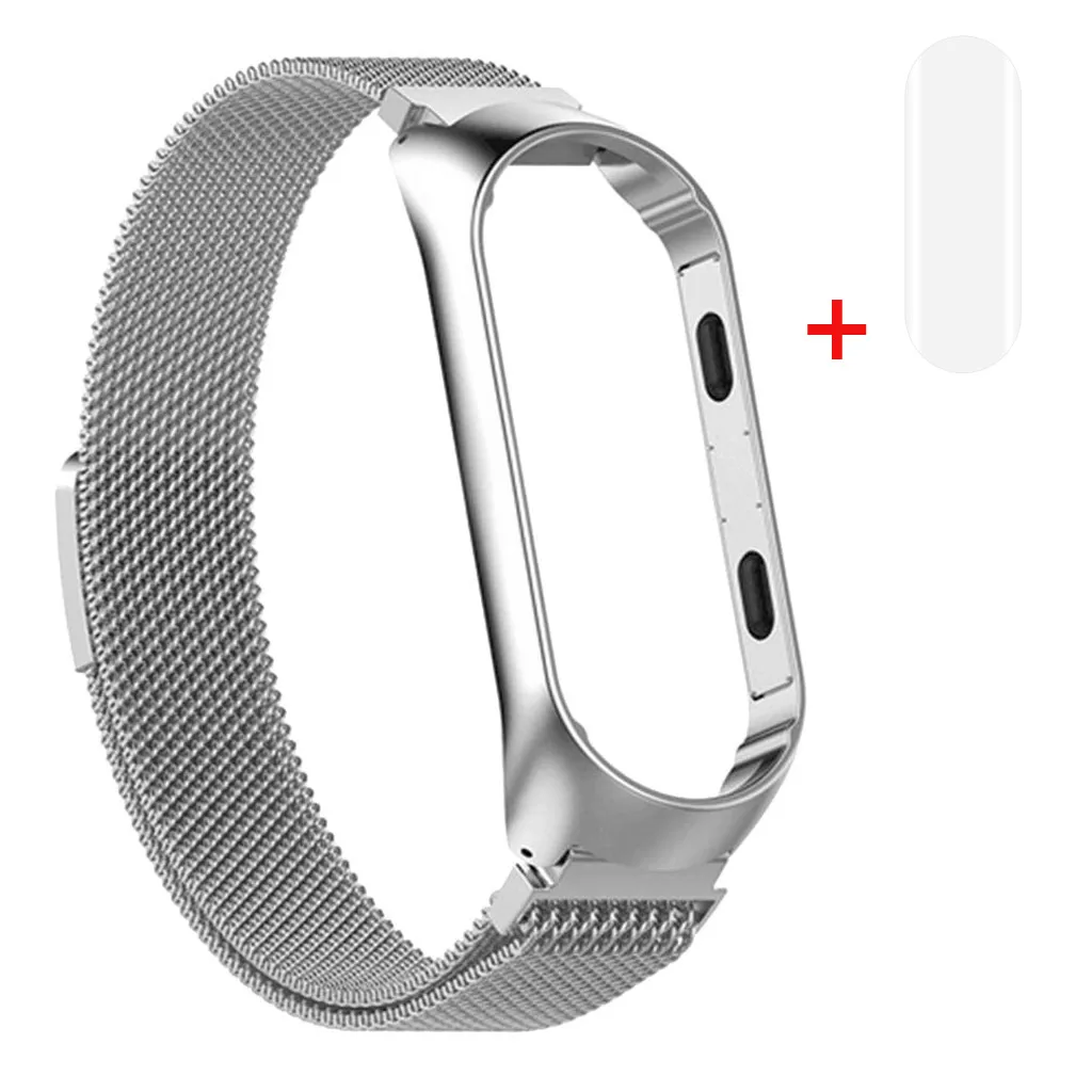Silver Mi lanese магнитный ремешок для часов из нержавеющей стали+ пленка для Xiaomi mi Band 4 для Носимых устройств Прямая поставка - Цвет: Silver