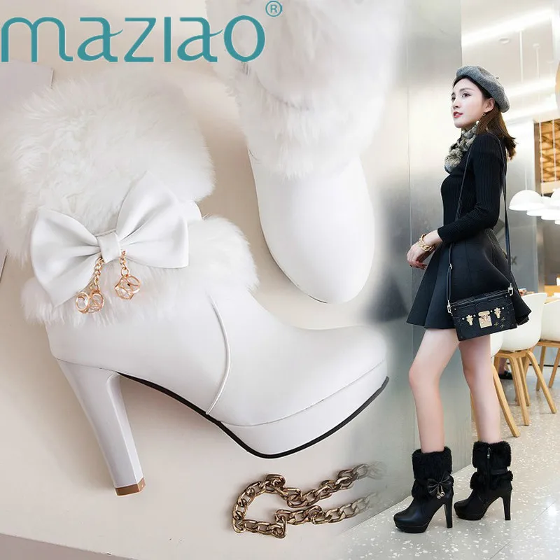 Women Boots Autumn Winter Warm Fur New Sweet Pu Butterfly-knot Mid-calf Snow Boots Black Pink White High-heeled Shoes MAZIAO