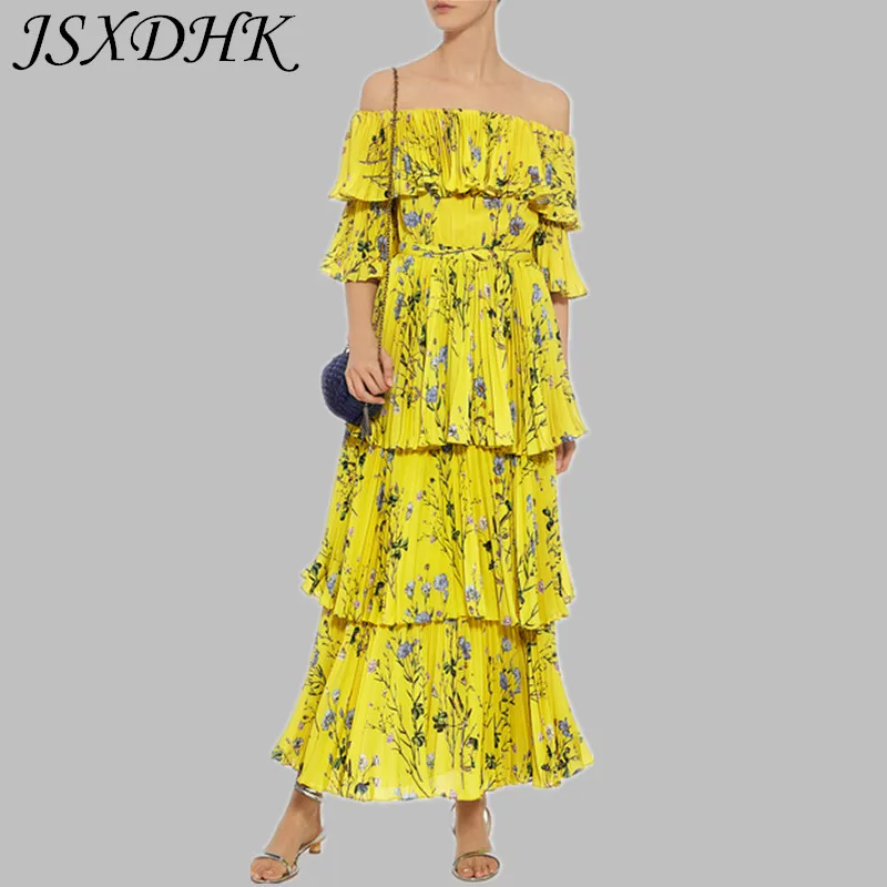 

JSXDHK Women's Off Shoulder Yellow Holiday Dress Summer Runway Self Portrait Chiffon Floral Print Ruffles Pleated Maxi Dress