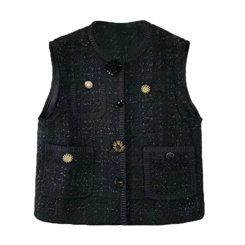 

PERHAPS U women tweed black white o neck sleeveless vest jacket loose button pocket C0115