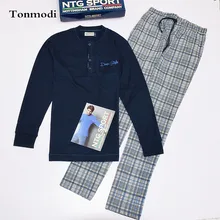 Мужская одежда для сна, трикотажная Хлопковая пижама с длинным рукавом и штанами, комплект для сна на весну и осень, пижамный комплект для мужчин