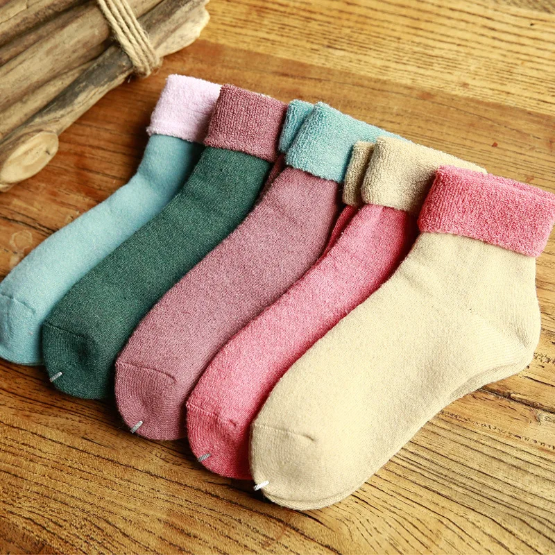 5pair Colored Nylon Warm Thick Short Socks Women Winter Velvet Ankle