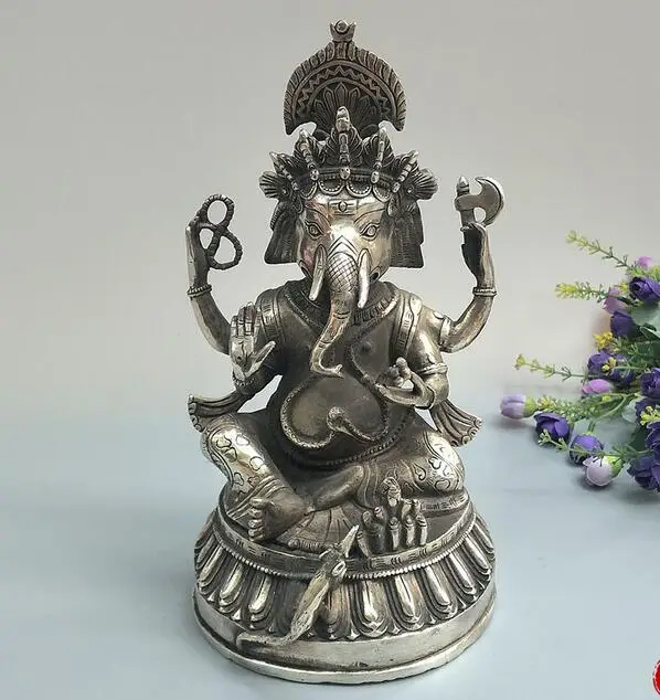 

China collection archaize white copper elephant head Four arm Buddha craft statue