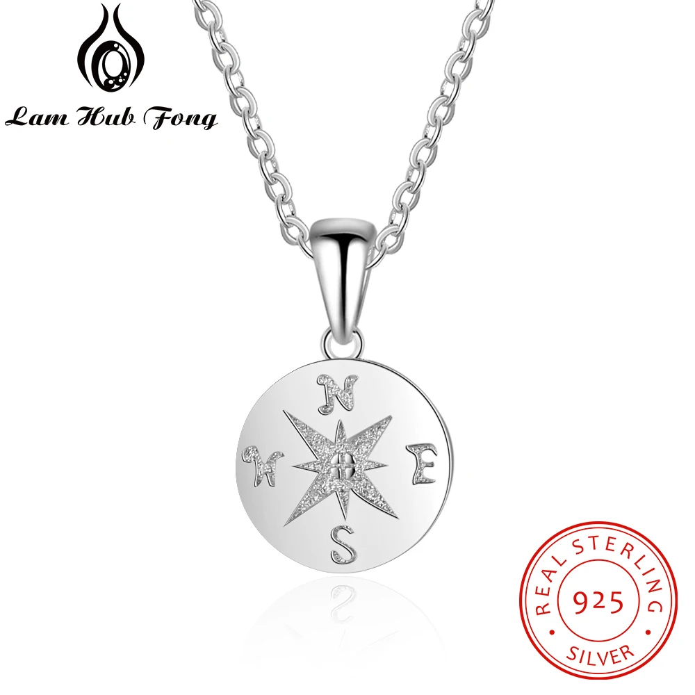 

925 Sterling Silver Necklaces & Pendants Round Compass Pendant Necklaces for Women Trendy Travel Jewelry (Lam Hub Fong)