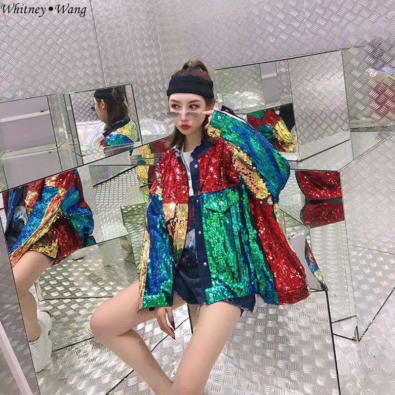 

WHITNEY WANG 2019 Spring Autumn Fashion Streetwear Colors Contrast Bling Bling Sequins Denim Jacket Women Stylish Jean Coat
