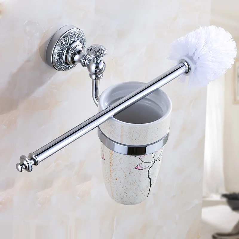 

Fashion Chrome Finish Bathroom Flower painted Ceramic Cup Toilet Brush Holder
