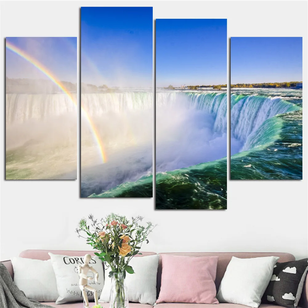 World Famous Waterfall Home Decorative Paintings Mountain Lake Posters Natural Landscape Canvas Art Prints Pictures 4 Pcs/Set | Дом и сад