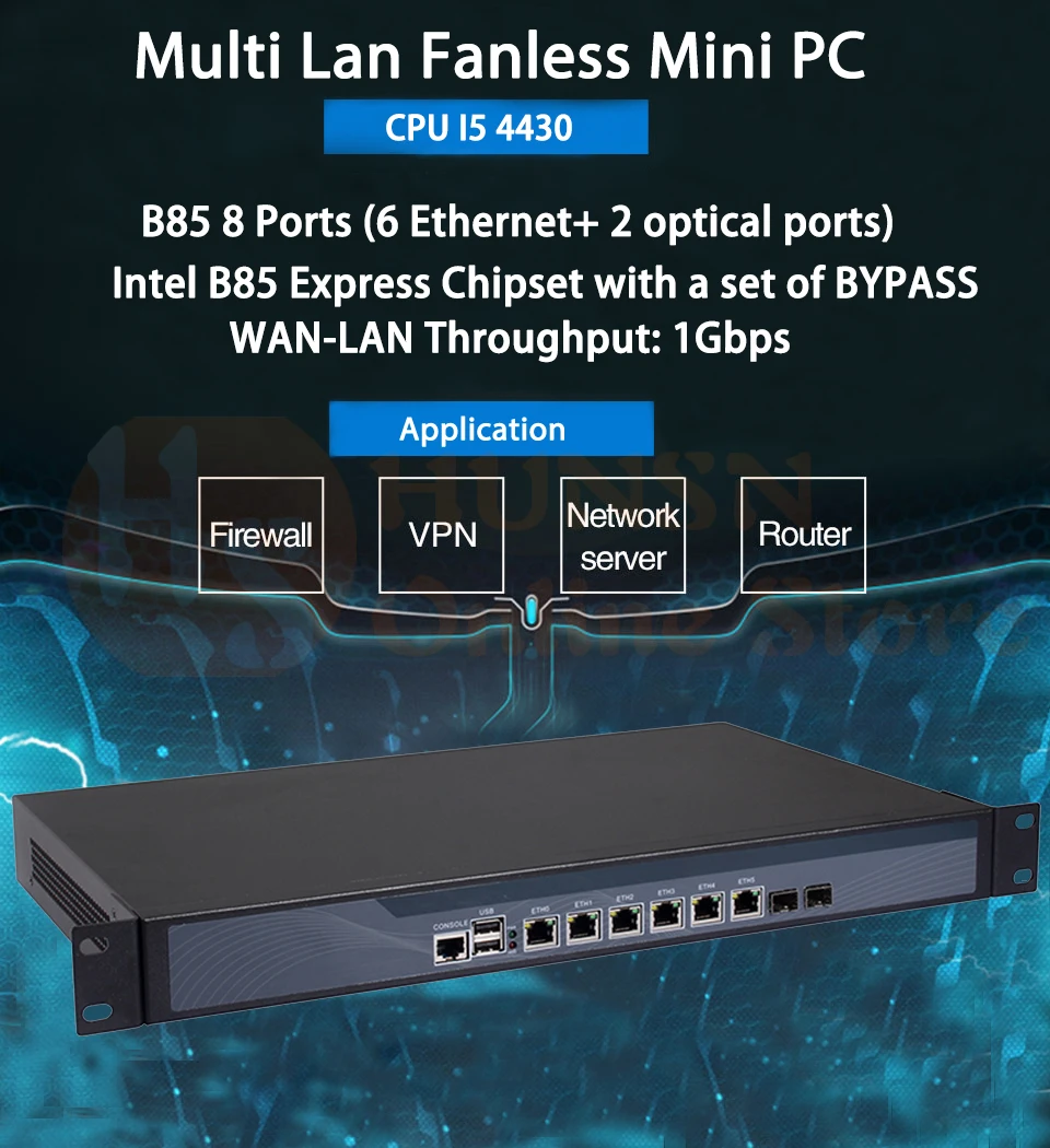 Брандмауэр Mikrotik Pfsense сети VPN Security Appliance маршрутизатор ПК Intel Core I5 4430, [HUNSN RS16], (6LAN/2USB/1COM/1VGA)