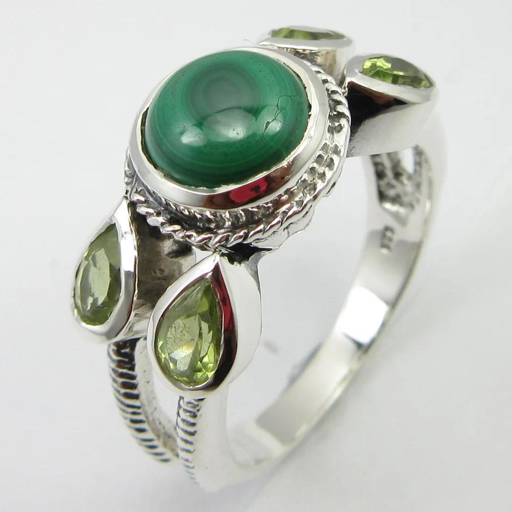 

Cab & Cut Malachite, Peridot Ring Sz 8 Silver Gem Stone Art Jewelery Unique Designed