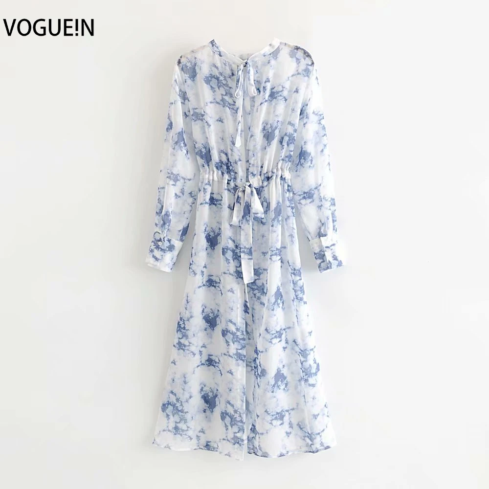 VOGUEIN новые женские летние небесно-голубой принт прозрачный кардиган на поясе