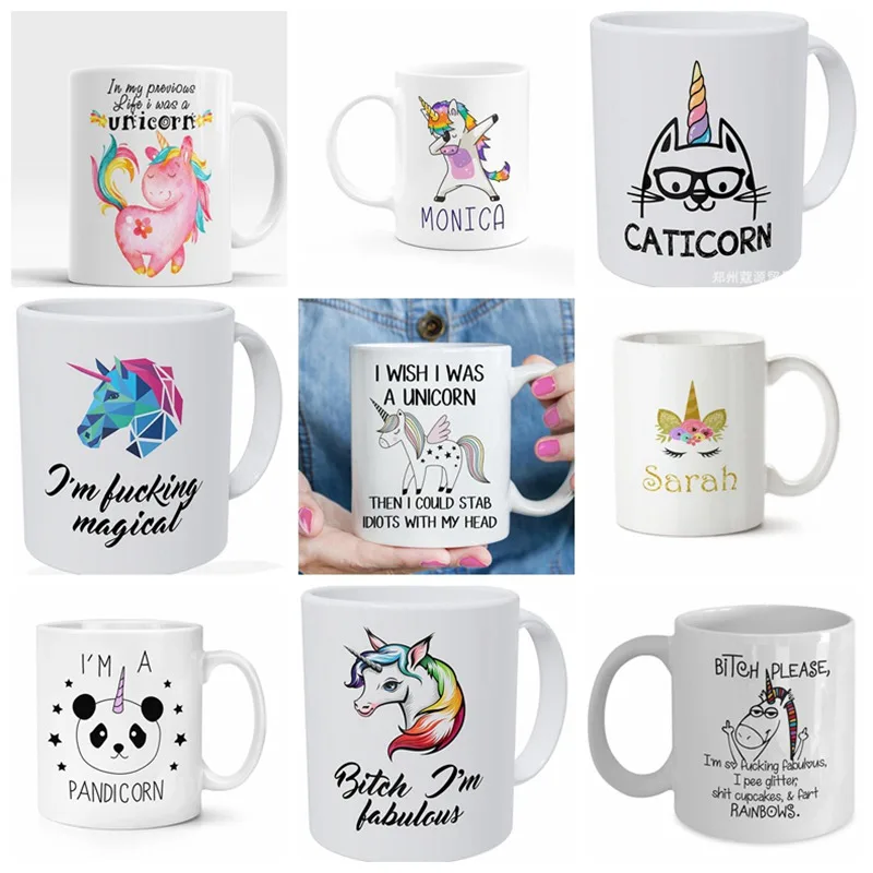 

1pcs Unicorn Mug 350ml Cartoon Unicorn Pose Figure Ceramic Coffee Cup Print Funny Words Creative Gift 17 Styles