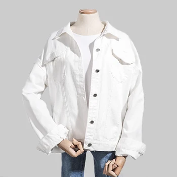 

Spring Single Breasted Button Jeans Jackets WHITE Vintage Women Denim Jacket Fashion Female Harajuku Vintage Holes Basic Coats