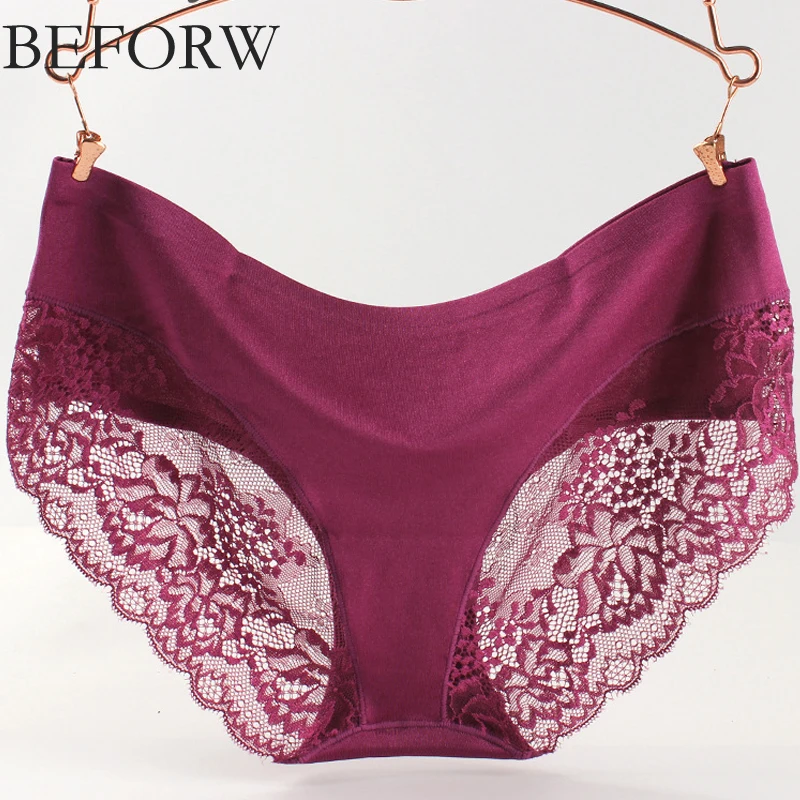 BEFORW Sexy Underpants Women Briefs Low Rise Lace Stitching Satin