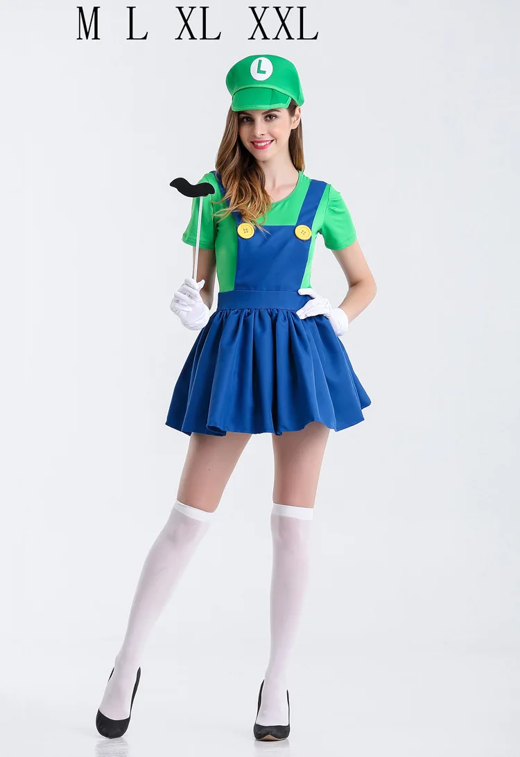 Хэллоуин Супер Марио костюм Для женщин костюм Луиджи Костюмы сексуальный сантехник вечерние нарядное платье для девочек Симпатичные