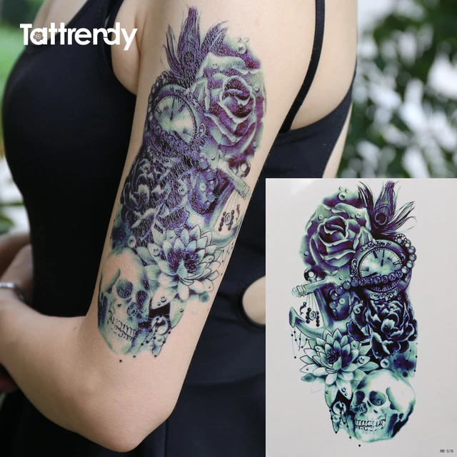 Mort Crâne Rose Plume Lotus Pirate Épaule 3D Tatouage Temporaire Imperméable À L\u0027eau Hommes