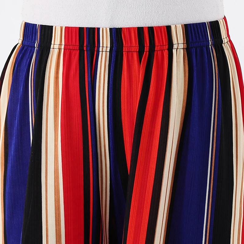 Women New Summer Wide Leg Pants Casual Loose High Elastic Waist Harem Pants Loose Chiffon Striped Elastic Office Trousers