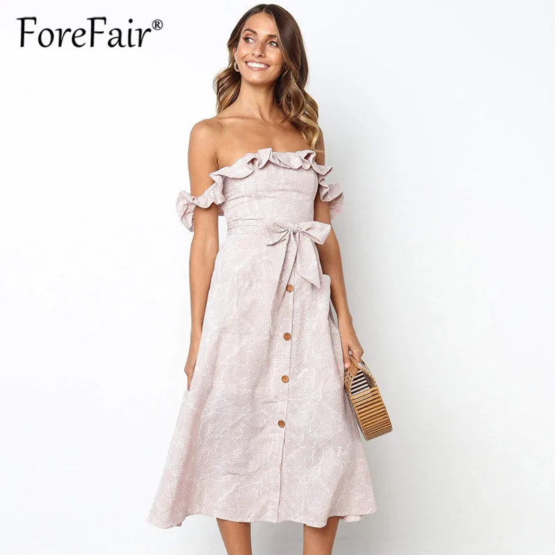 Forefair 2019 летнее пляжное платье элегантные женские миди платья с открытыми плечами