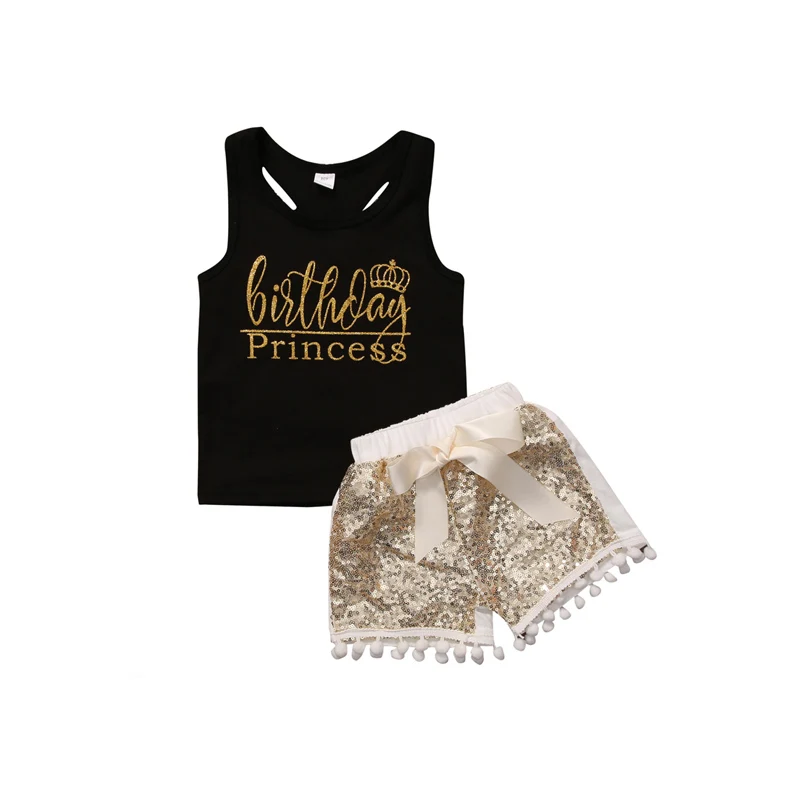 

2PCS Fashion Casual Summer Clothes Set Newborn Toddler Baby Girls Sleeveless O-Neck Pullover Letter Black Shirt Tops Short Pants