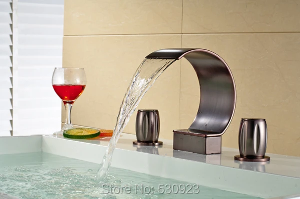 

Newly US Free Shipping Deck Mounted Oil Rubbed Bronze Red Dual Handles Three Holes Bathroom C Shape Tub Faucet With Hand Shower