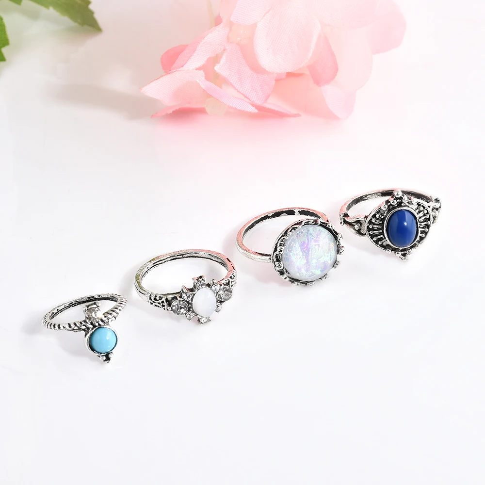 

Ethnic 4pcs/Pack Vintage Anti-Silver Color Rings Blue Stone White Shell Rings Set for Women Party New Gifts
