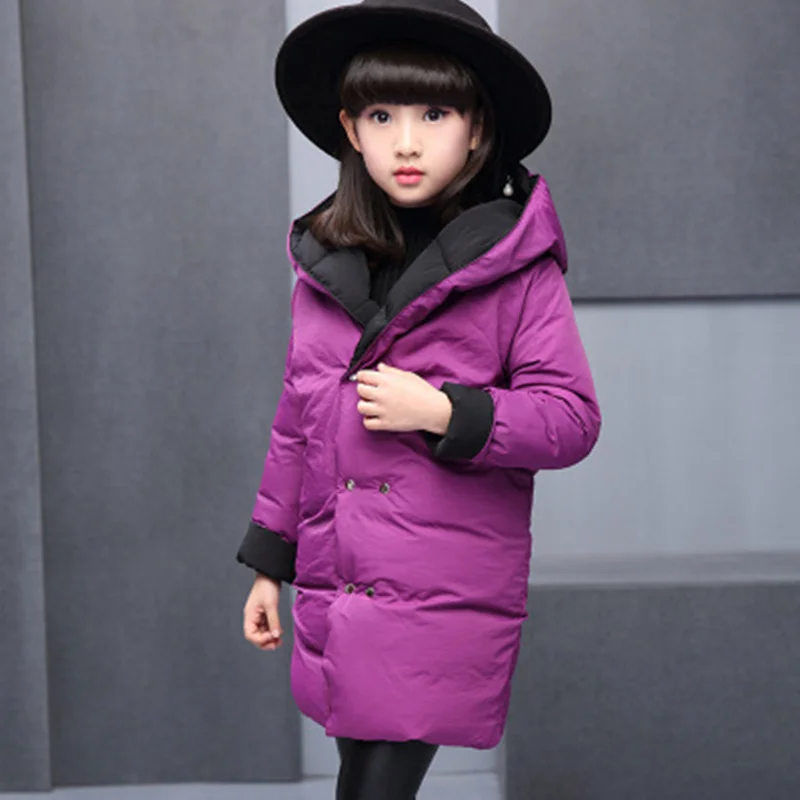 Модное пальто для больших девочек осенне-зимняя куртка с капюшоном и длинными рукавами для маленьких девочек детская одежда детский утепленный пуховик - Цвет: Purple