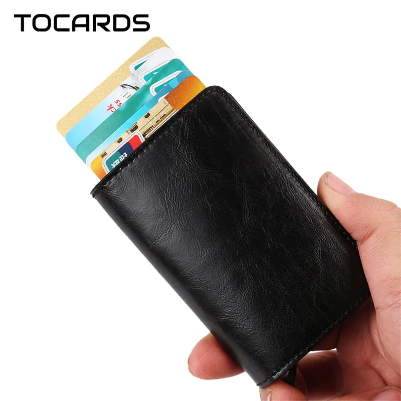 

2018 New Business Crazy Horse Credit Card Holder Multifunction Automatic Aluminium Alloy Male ID Thin Wallet Slim Purse for Men