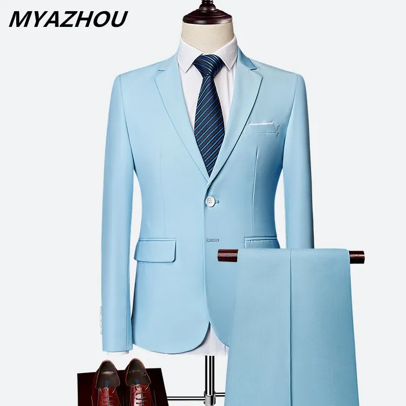 2019 Men's Business Casual Workwear Large Size Solid Color Slim Men's Suit Wedding Groom 2 Piece Set (Jacket + Pants) S-6XL