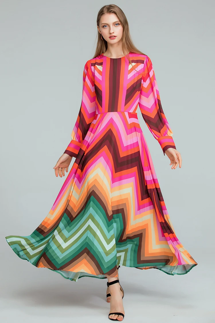 AELESEEN Boho платья Модное Новое подиумное Элегантное летнее длинное платье с длинным рукавом и геометрическим принтом контрастных цветов радуги