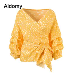 Повседневное Для женщин Обёрточная бумага блузка Осень с пышными рукавами рубашка в горошек Элегантные Дамы V шеи повязки пояса лук блузки