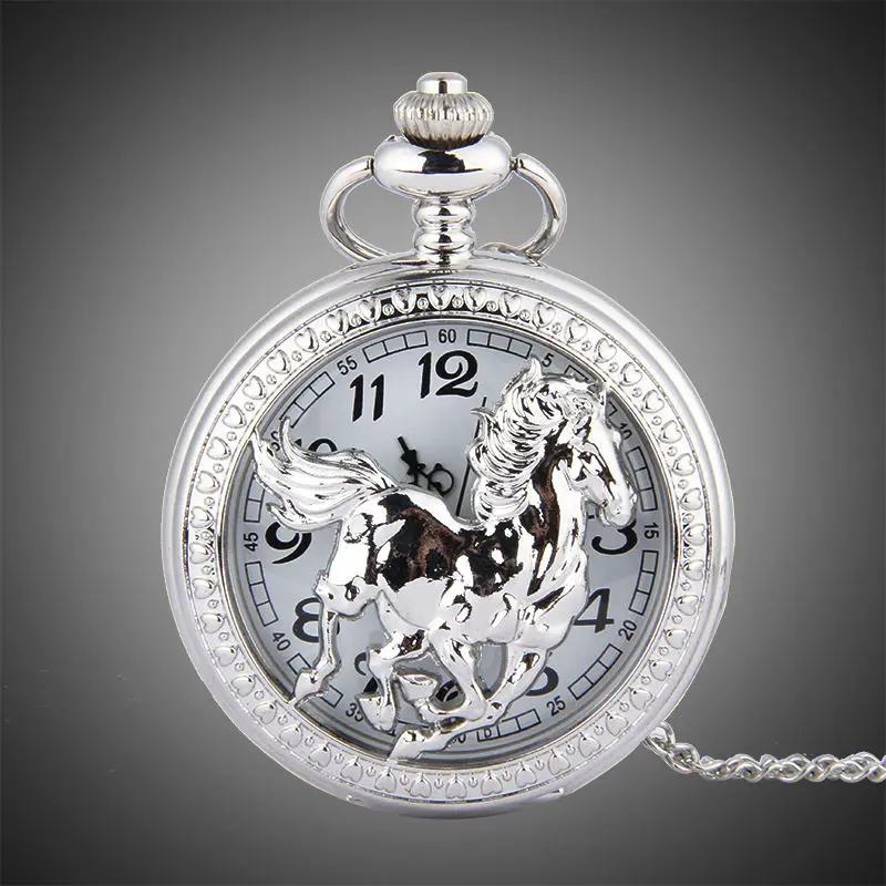 Fashion Silvery Horse Flip Cover Stainless Steel Hollow Quartz Pocket