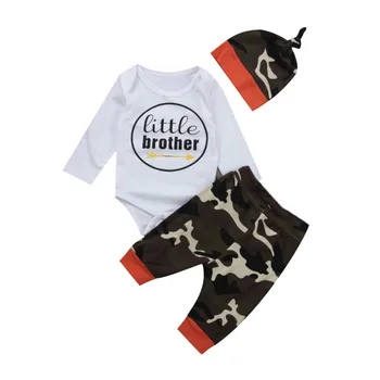 

2019 Winter Toddler Infant Baby Boys Clothes Little Brother Long Sleeve Romper Tops Camouflage Legging Pants Hat 3pcs Cotton
