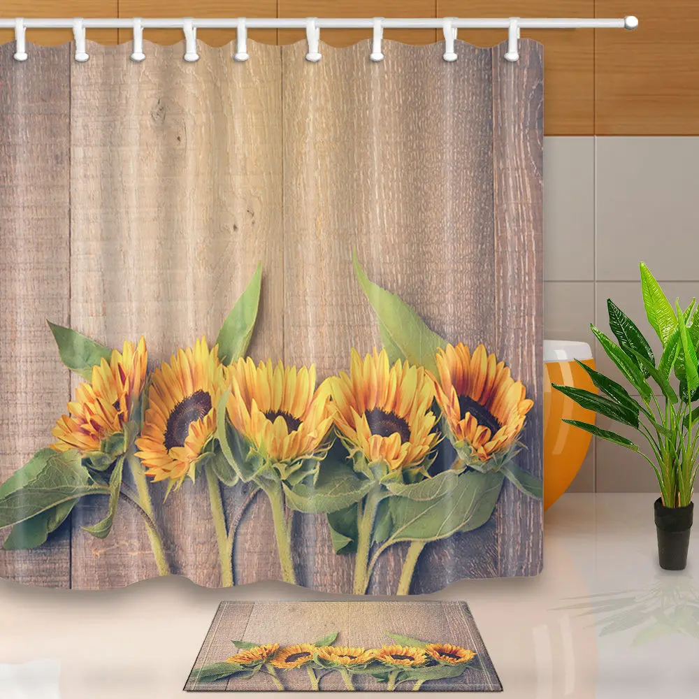 Fabric Waterproof Shower Curtain Set Bathroom Mat Sunflowers On Wooden Board