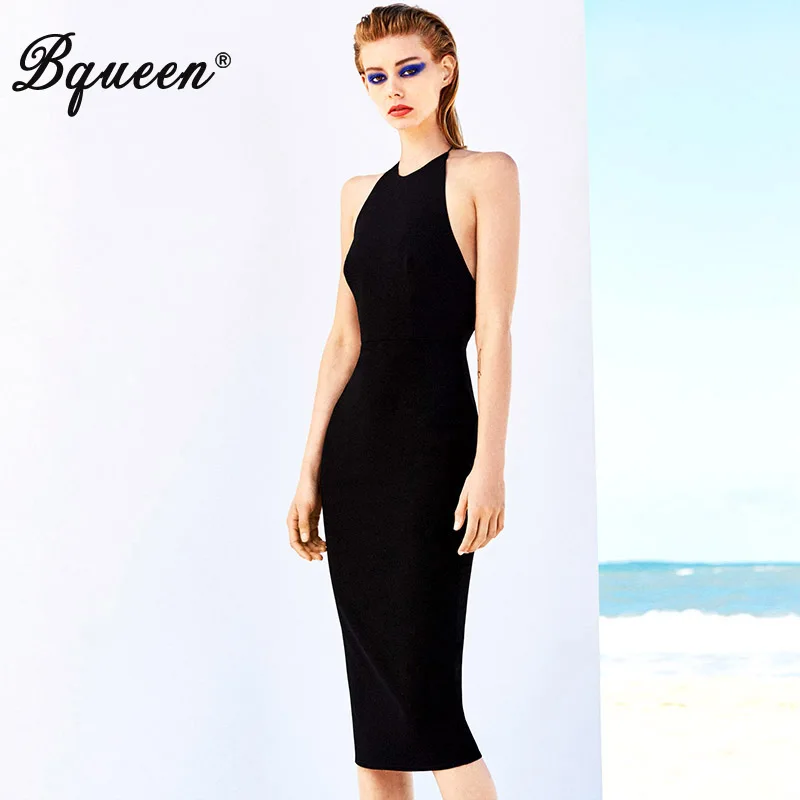

Bqueen Elegant Black Women Sexy O Neck Sleeveless Halter Zipper Bandage Dress Backless Bodycon Women 2019