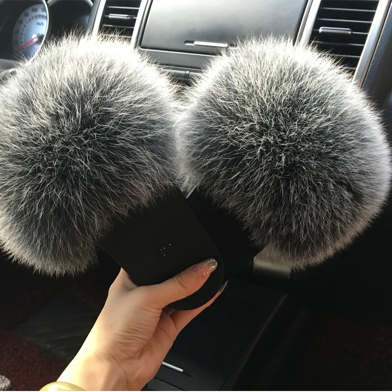 

Women's Slippers Real Fox Fur Slipper Summer Beach Slides Beach Sandals Flip Flop Slides Flats Female Outdoor Shoes Fluffy Fox