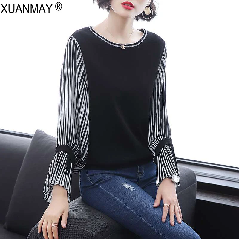 

Spring Women's Knit Thin Pullover sweater Brand Design striped Chiffon stitching knit sweater wWild Korean Summer sweater women