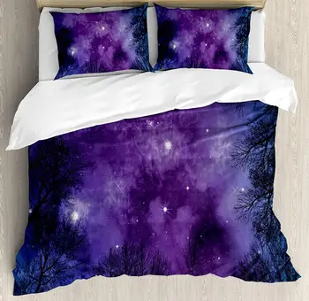 

Night Sky Duvet Cover Set King Size Colorful Stars Nebula on Starry Forest Winter Theme Dark Branches Decorative 4 Piece Bedding