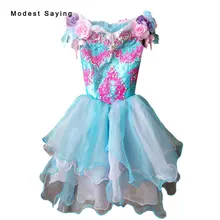 Роскошный Синий бальное платье украшенное бусами Платье с кружевными цветами для девочек с цветочным узором, женские сапоги до бедра-Длина Капкейк с надписью «Baby» Праздничное платье уникальные модные YF11