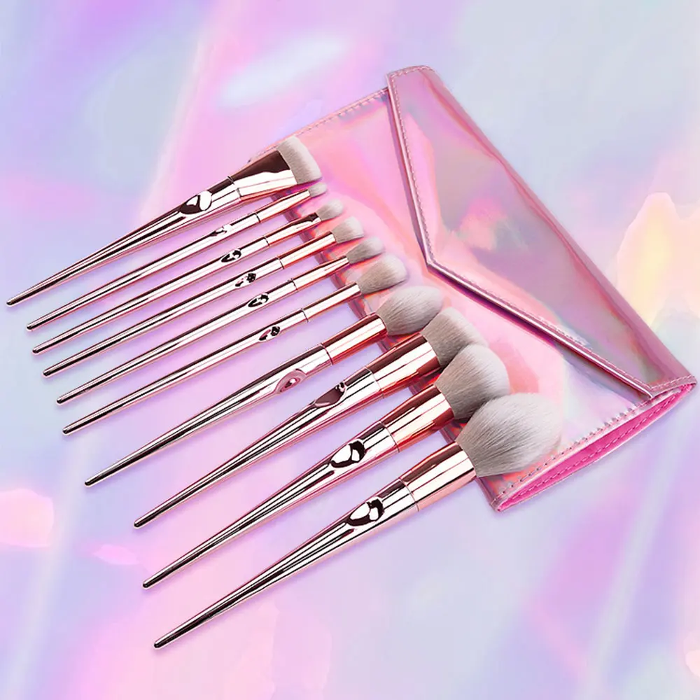 10pcs Makeup Brushes Set Blending Foundation Powder Eyeshadow Eyeliner Cosmetic Brushes Woman Beauty Tool With Laser PU Bag