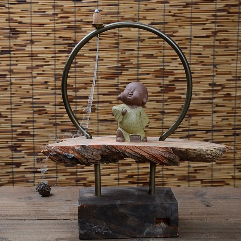 

Chinese Style Ceramic Lovely Monk Wooden Base Backflow Incense Burner Cha Hai Sandalwood Stove Office Creative Decoration Crafts