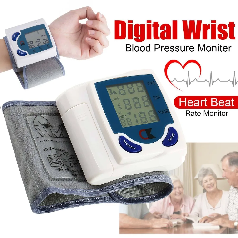 

LCD Automatic Digital Wrist Cuff Blood Pressure Monitor Heart Beat Rate Pulse Meter Tonometer Sphygmomanometers