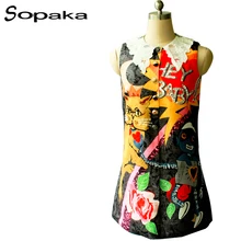 SOPAKA 2017 Summer Women Sundress . Doraemon Character and Flower Printed . Button Sequins Ornaments Short Dress for Women