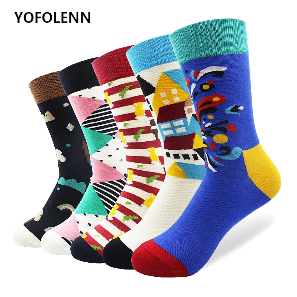 5 Pair/lot Long Tube Colored Cartoon Socks High Quality Combed Cotton