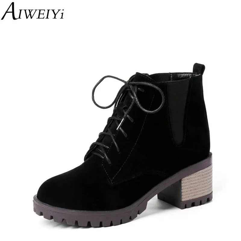 

AIWEIYi Brand Designers New Spring Autumn Women Shoes Black High Heels Boots Lace Up Platform Ankle Boots Chunky Heels Shoes
