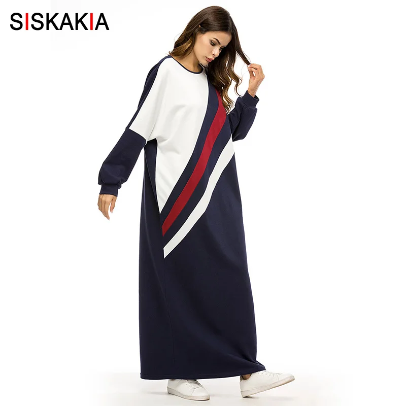 

Siskakia Fashion Colored Striped Patchwork Women long Dress Autumn Winter 2018 Casual T Shirt Dresses Maxi Plus Size Long Sleeve